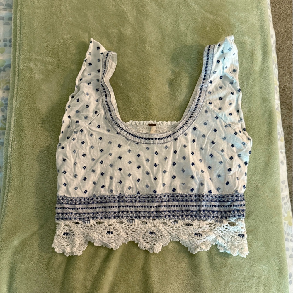 Free People white and blue embroidered tank